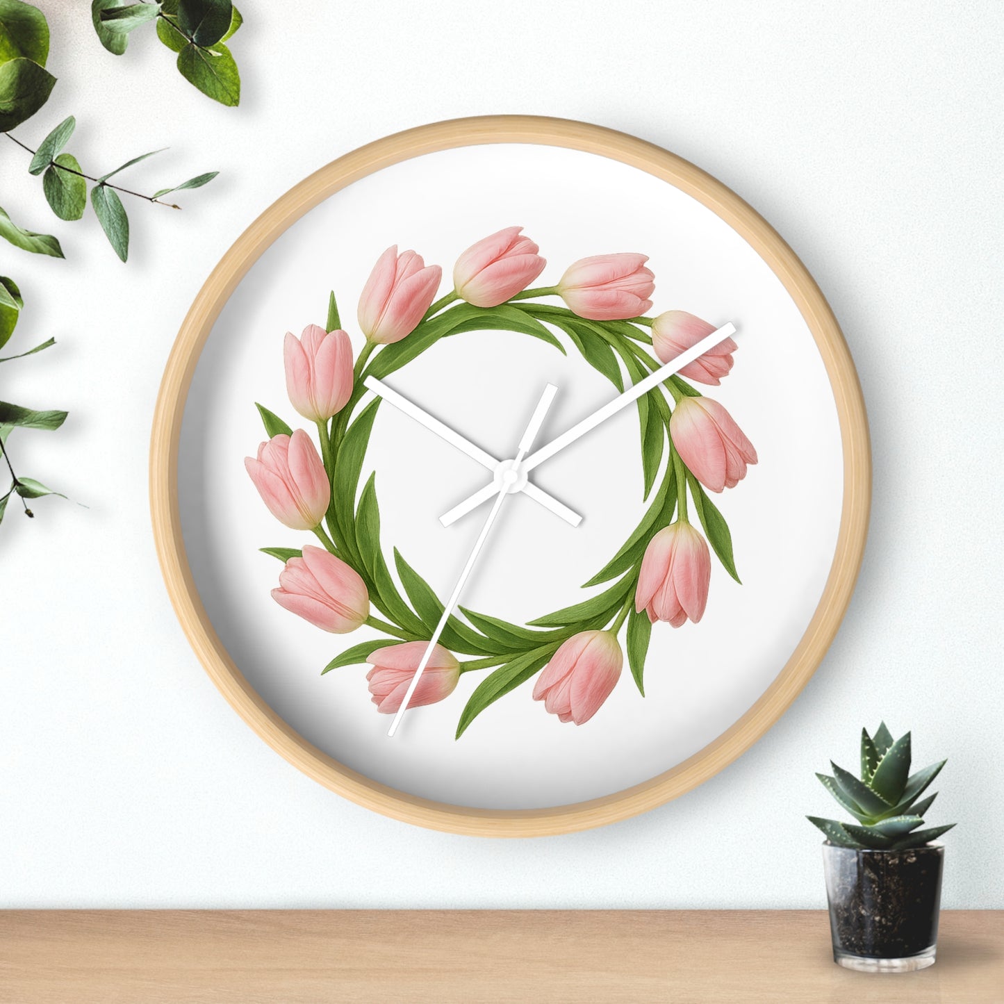 Pink Tulip Wreath Wall Clock — Floral Spring Decorative Clock for Home & Kitchen