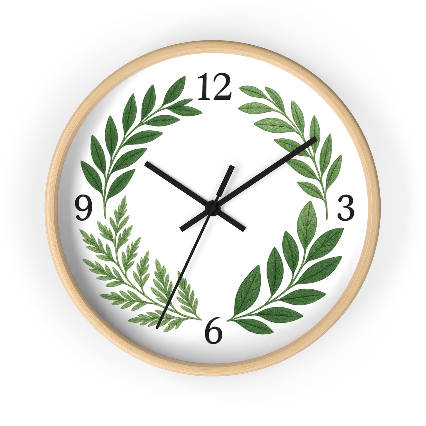 Botanical Laurel Wall Clock — Minimal Green Leaf Wreath Timepiece