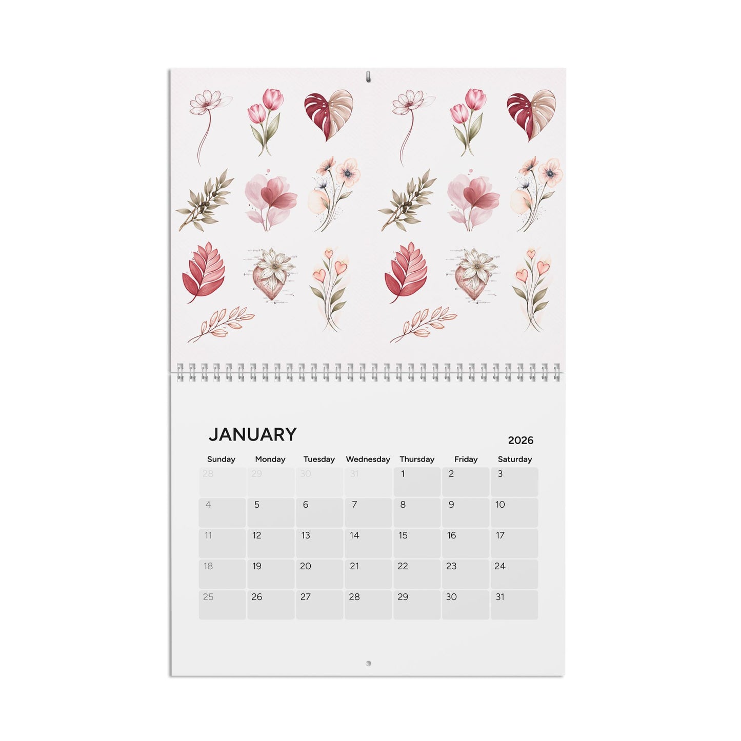 2026 Floral Wall Calendar — Minimal Pink Botanical Monthly Planner