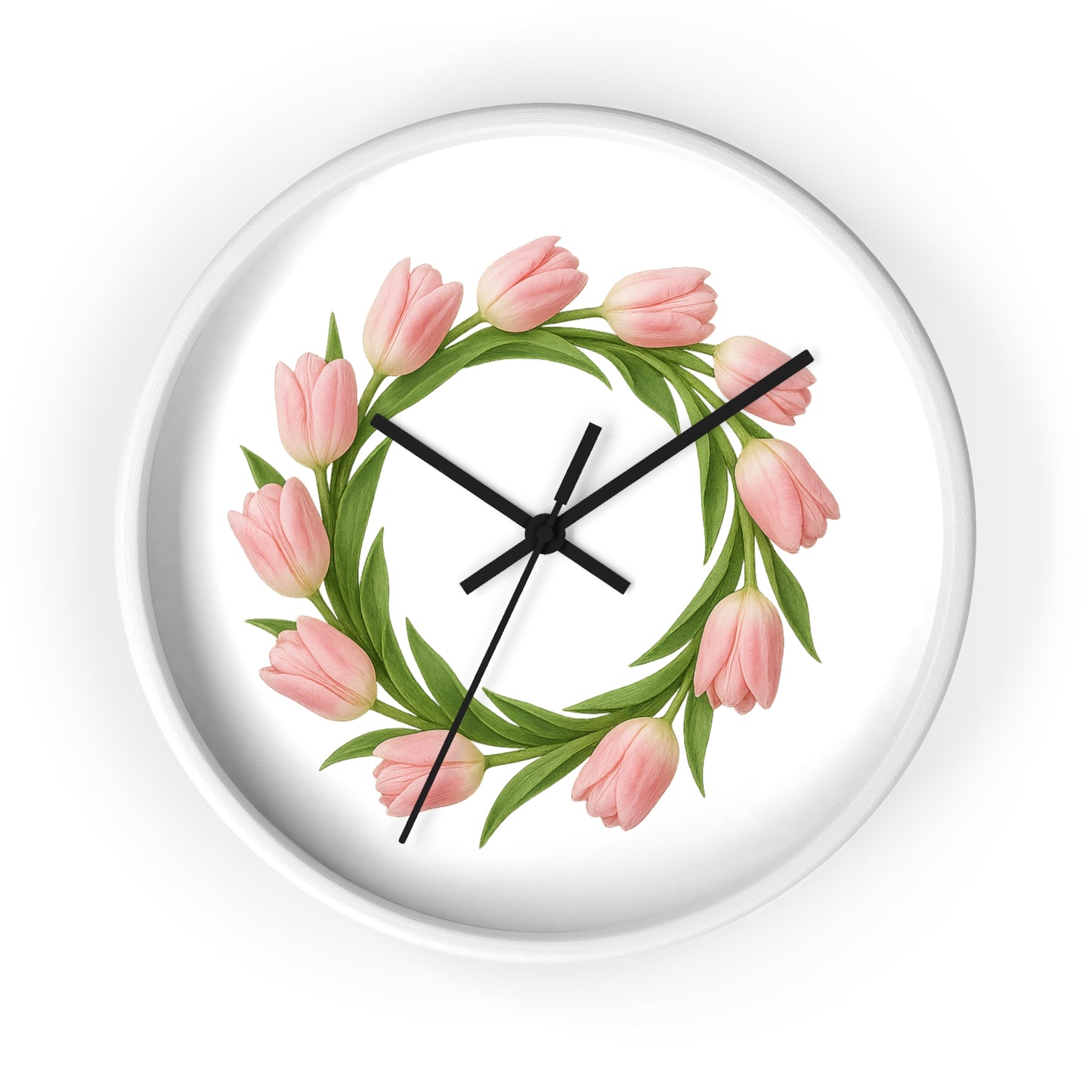 Pink Tulip Wreath Wall Clock — Floral Spring Decorative Clock for Home & Kitchen