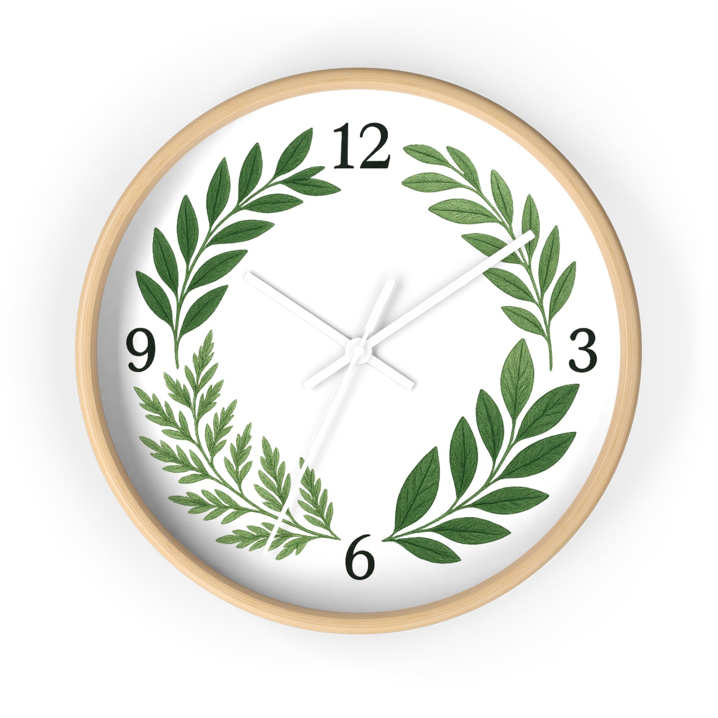 Botanical Laurel Wall Clock — Minimal Green Leaf Wreath Timepiece