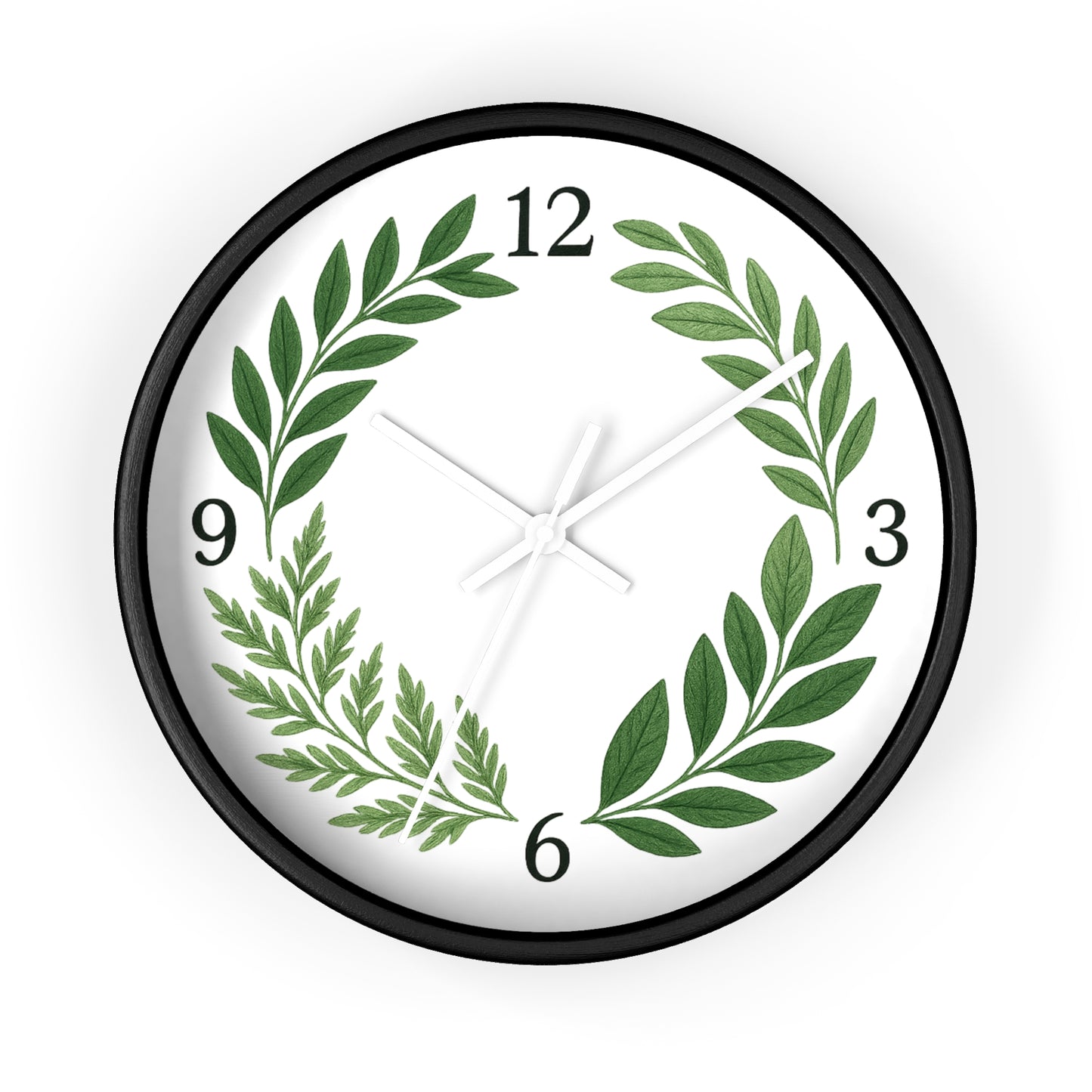 Botanical Laurel Wall Clock — Minimal Green Leaf Wreath Timepiece