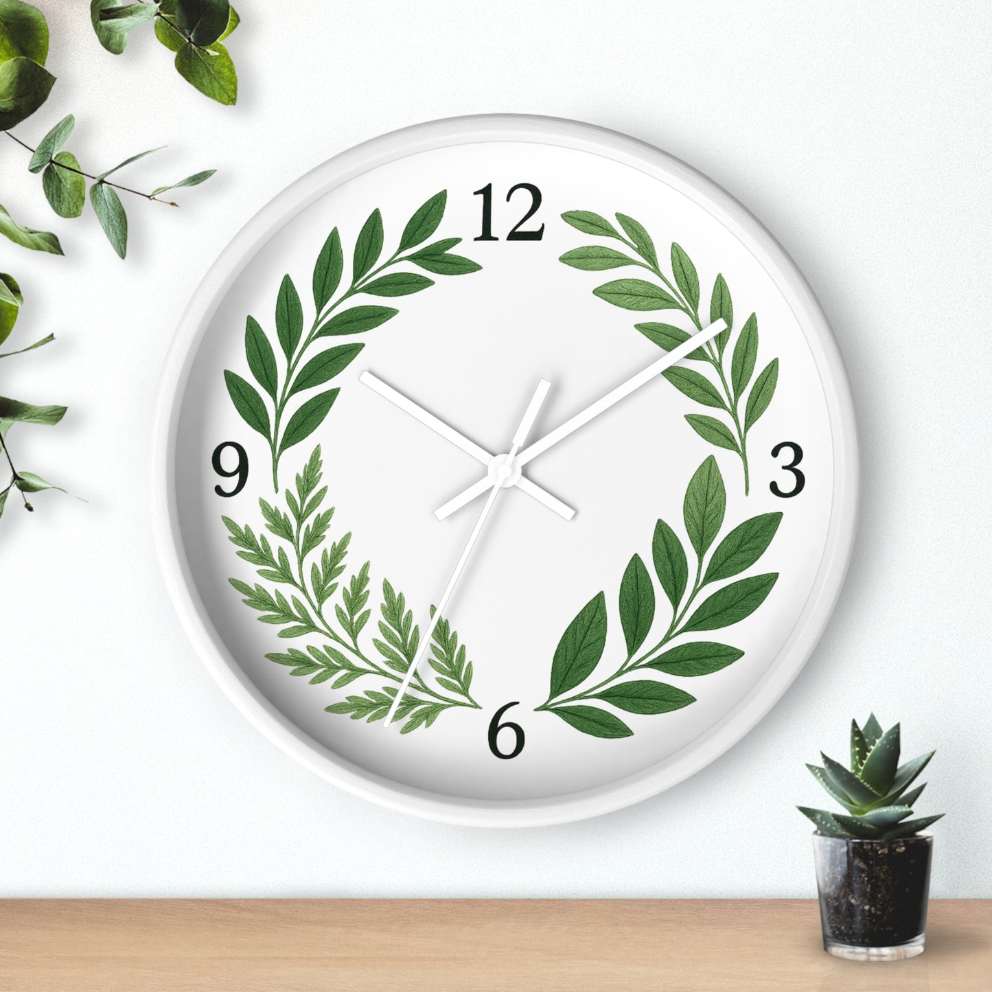Botanical Laurel Wall Clock — Minimal Green Leaf Wreath Timepiece