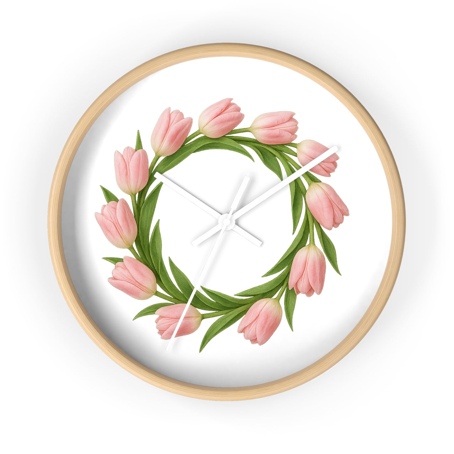 Pink Tulip Wreath Wall Clock — Floral Spring Decorative Clock for Home & Kitchen
