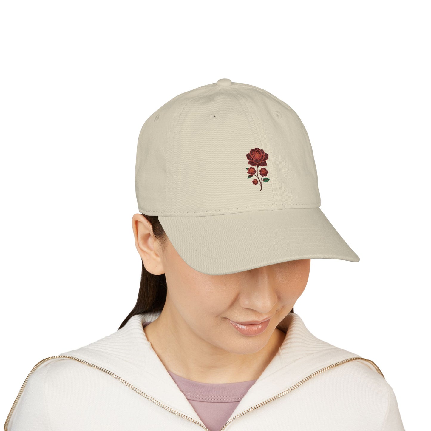 Organic Embroidered Baseball Cap with Rose Design