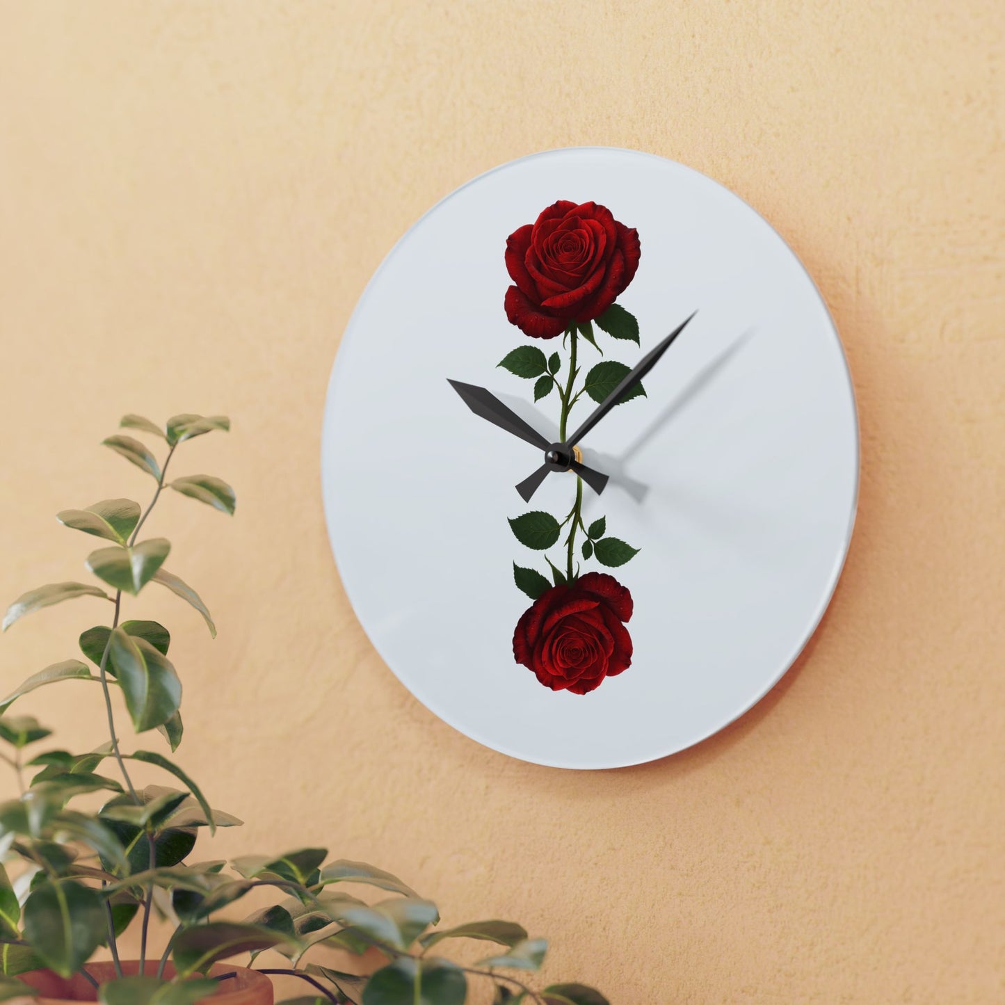Red Rose Acrylic Wall Clock — Minimal Floral Home Decor Clock