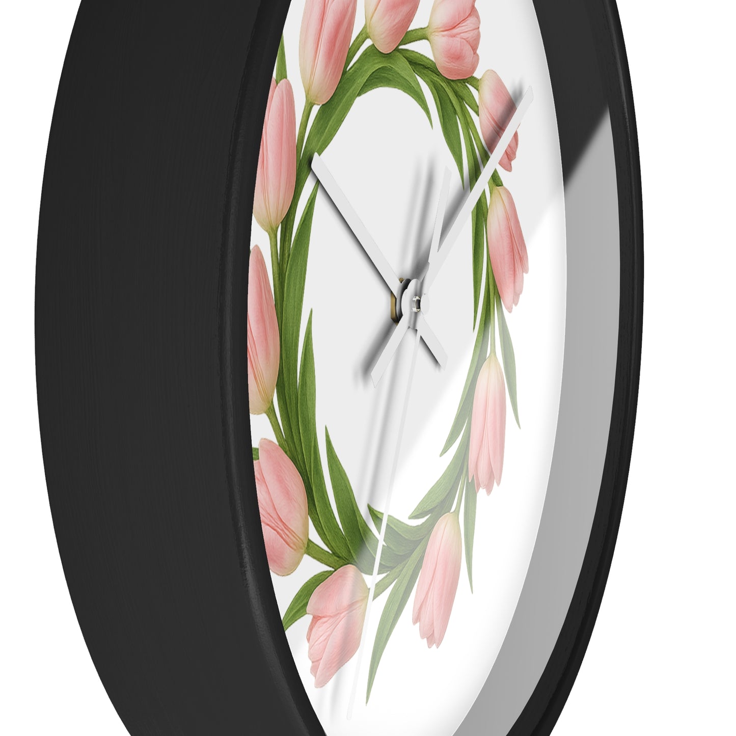 Pink Tulip Wreath Wall Clock — Floral Spring Decorative Clock for Home & Kitchen