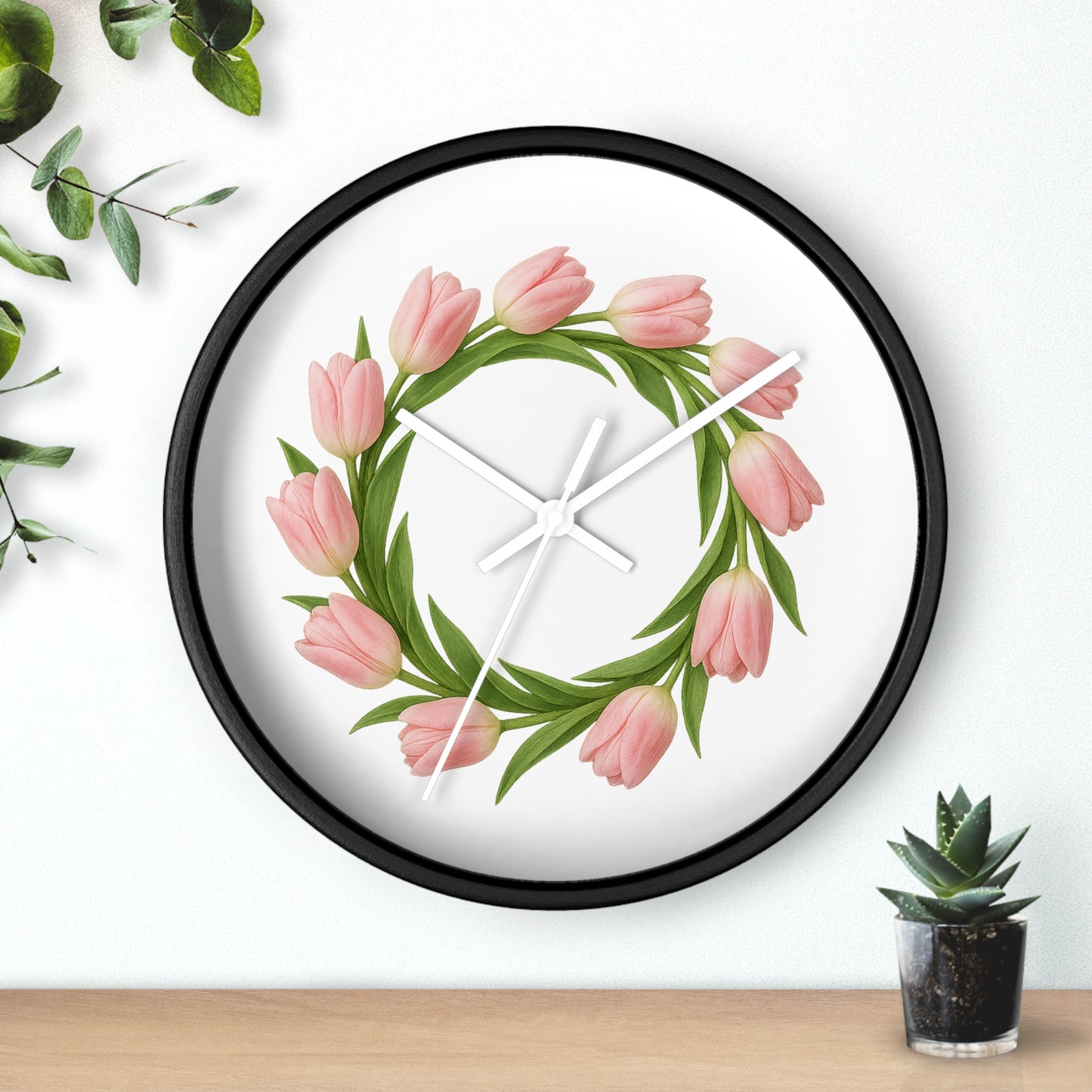 Pink Tulip Wreath Wall Clock — Floral Spring Decorative Clock for Home & Kitchen