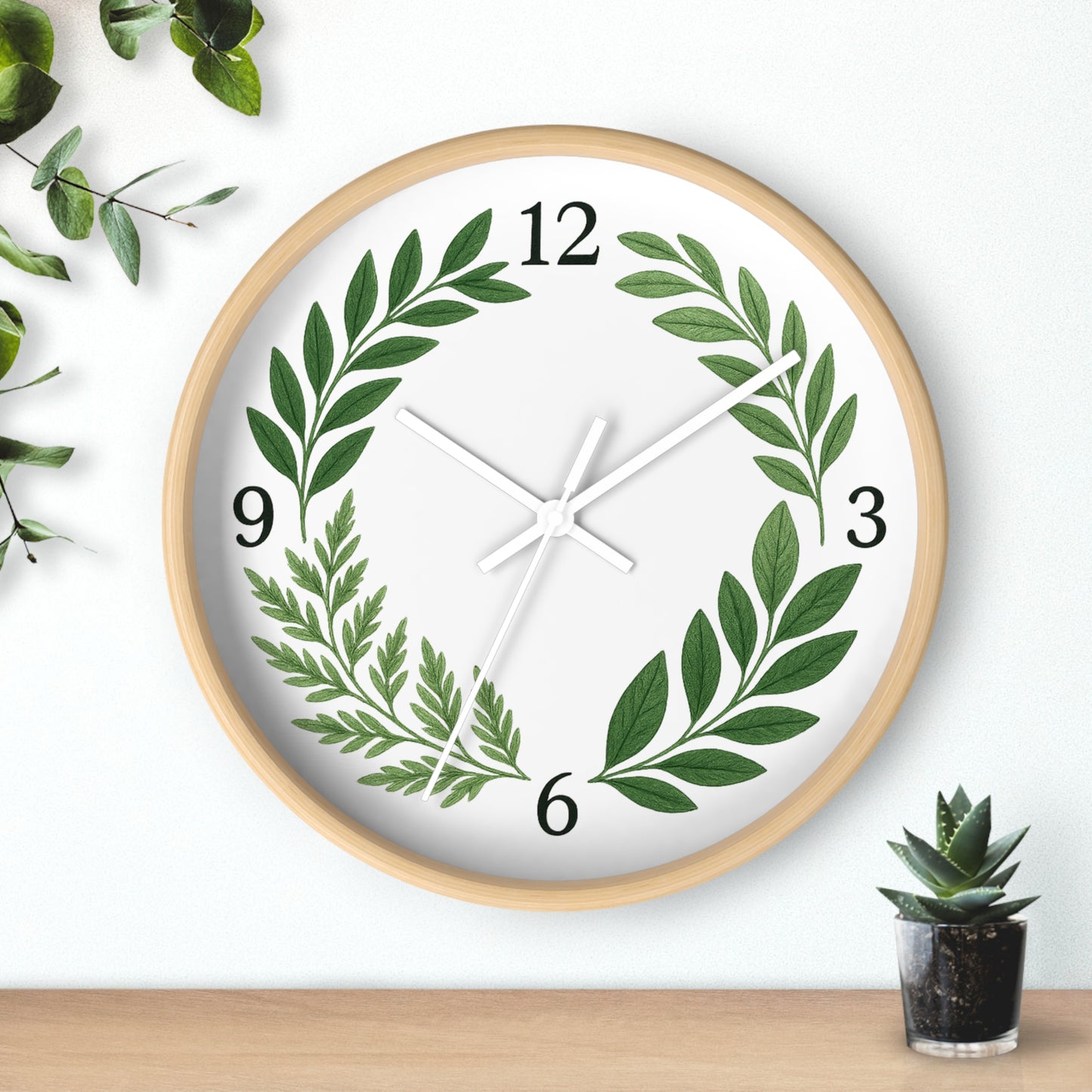 Botanical Laurel Wall Clock — Minimal Green Leaf Wreath Timepiece