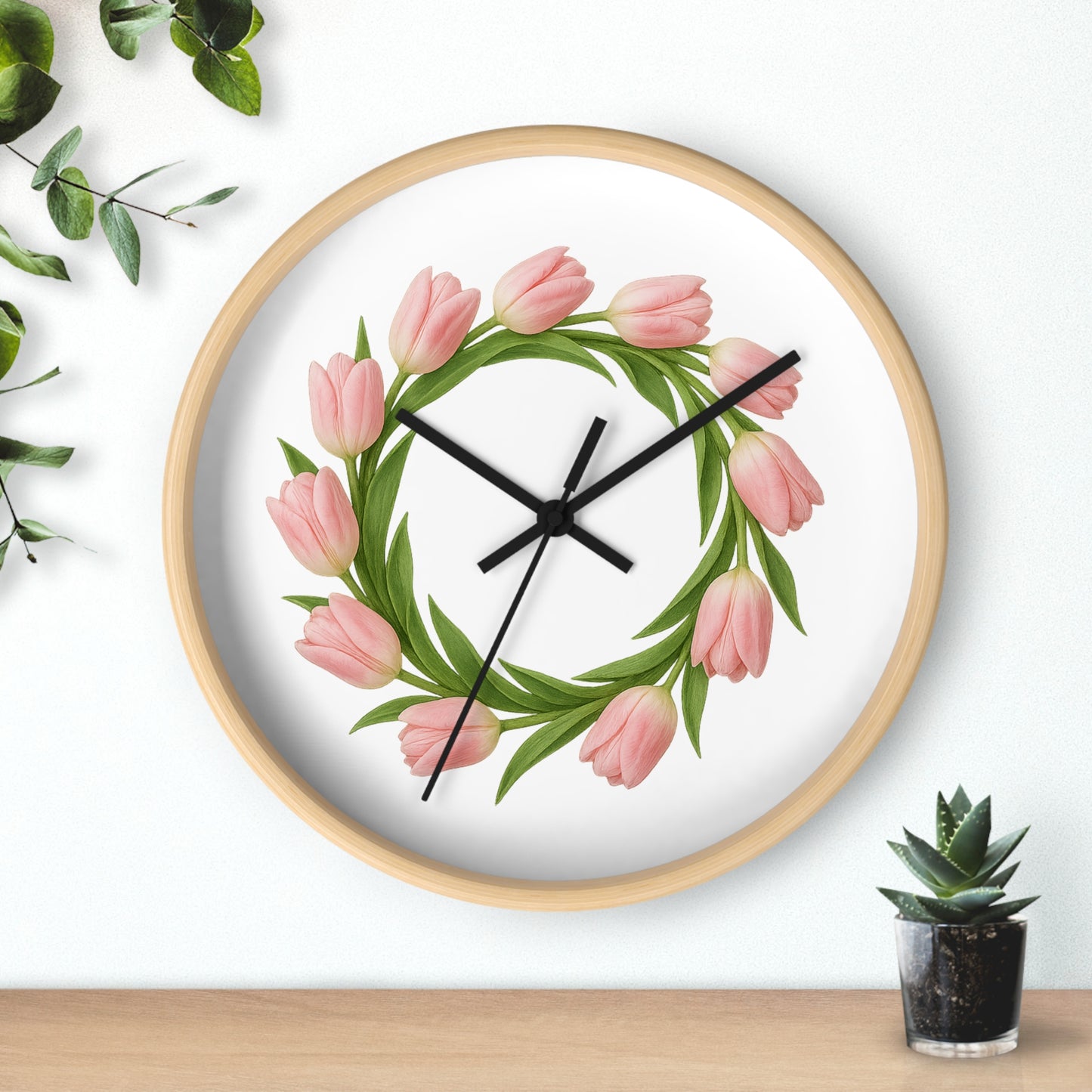 Pink Tulip Wreath Wall Clock — Floral Spring Decorative Clock for Home & Kitchen