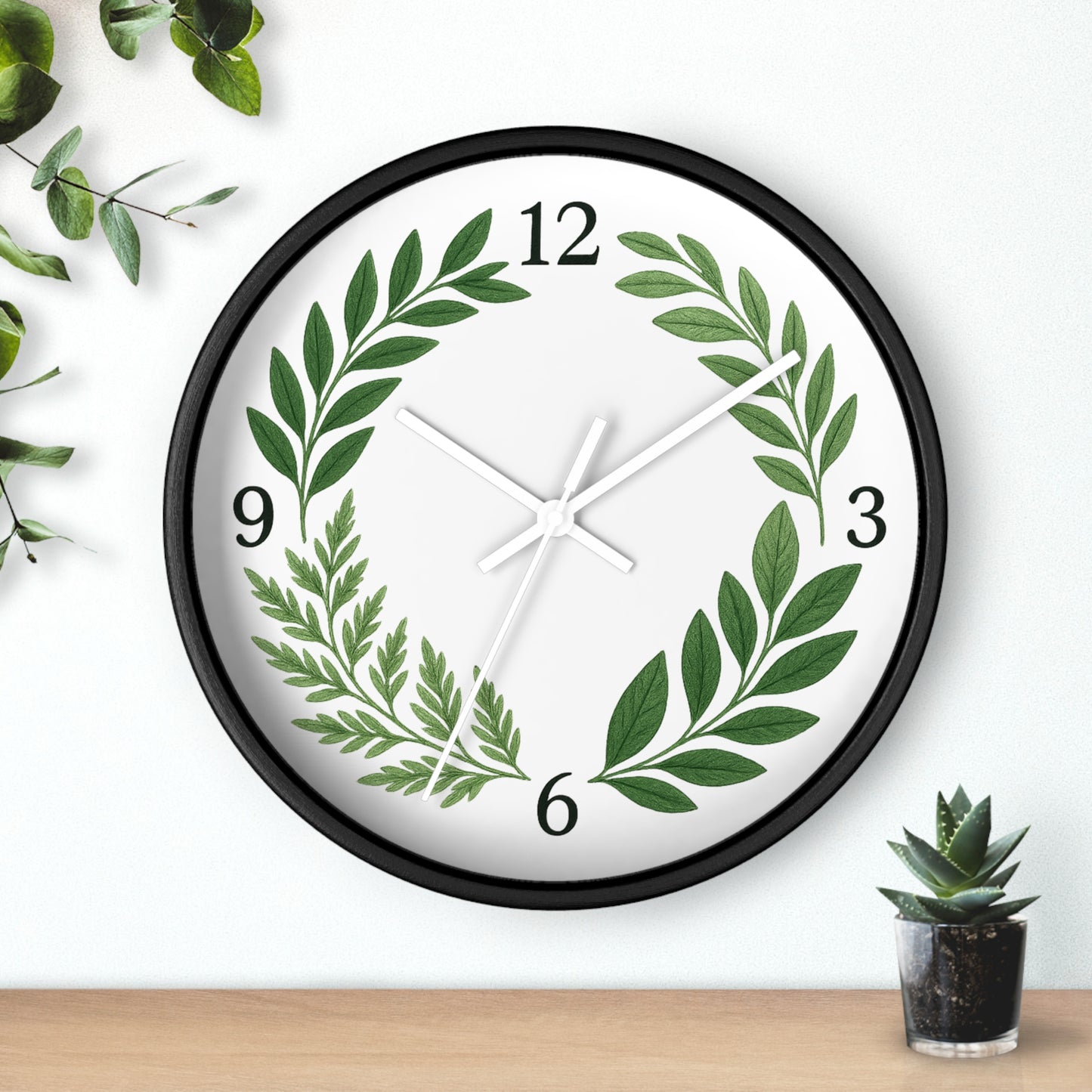 Botanical Laurel Wall Clock — Minimal Green Leaf Wreath Timepiece