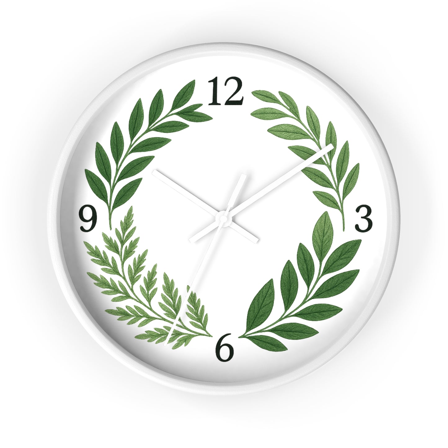 Botanical Laurel Wall Clock — Minimal Green Leaf Wreath Timepiece