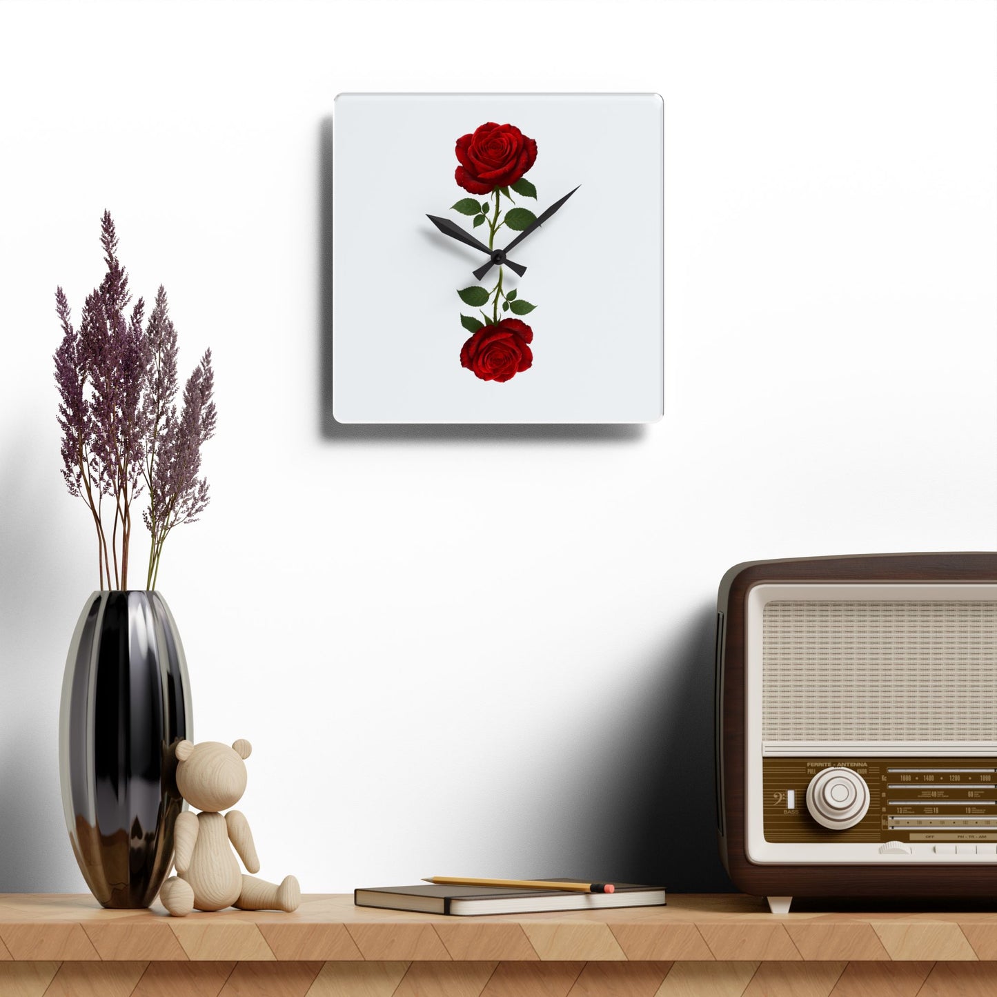Red Rose Acrylic Wall Clock — Minimal Floral Home Decor Clock