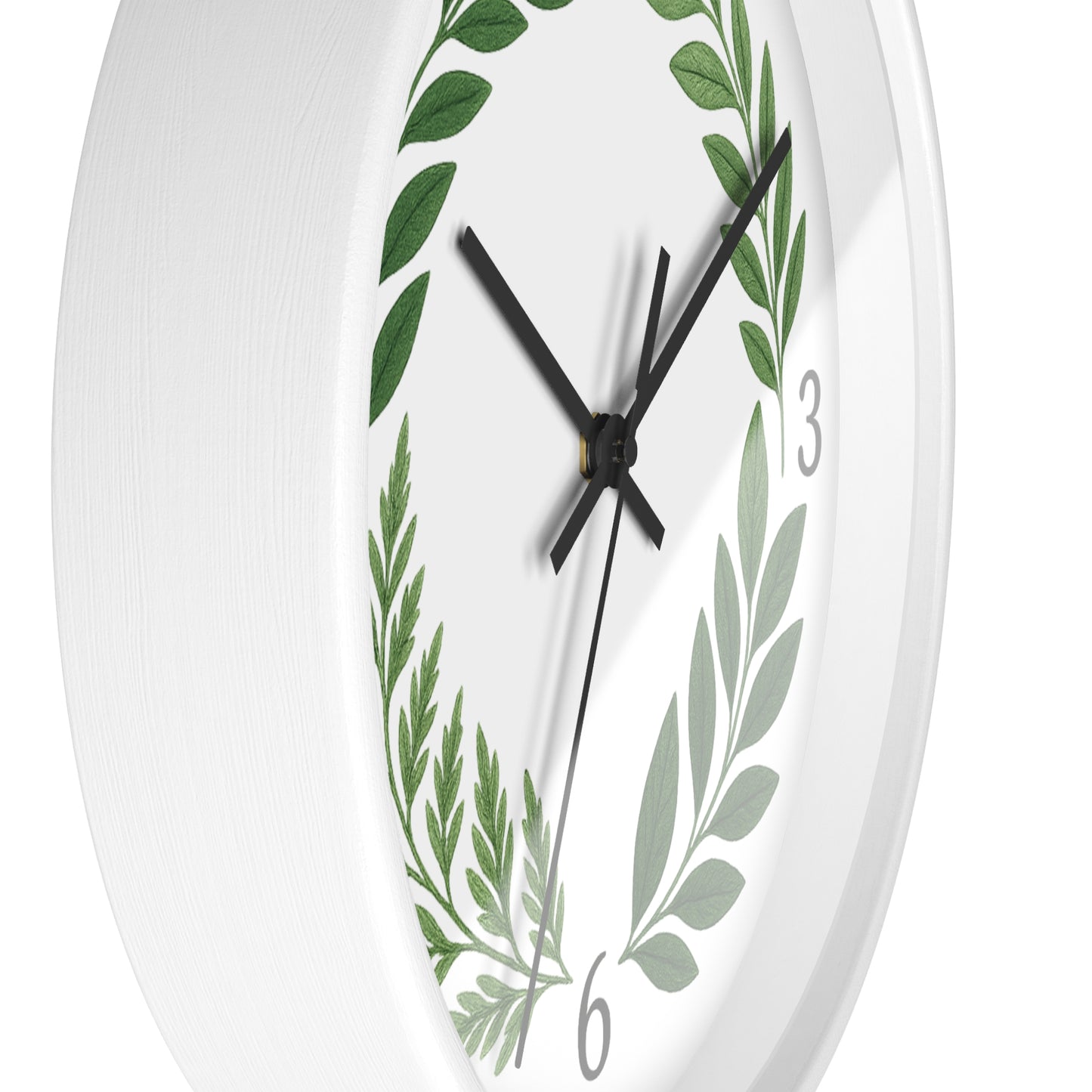 Botanical Laurel Wall Clock — Minimal Green Leaf Wreath Timepiece