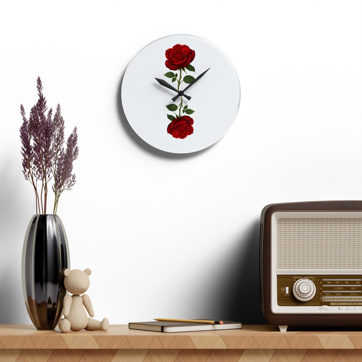 Red Rose Acrylic Wall Clock — Minimal Floral Home Decor Clock