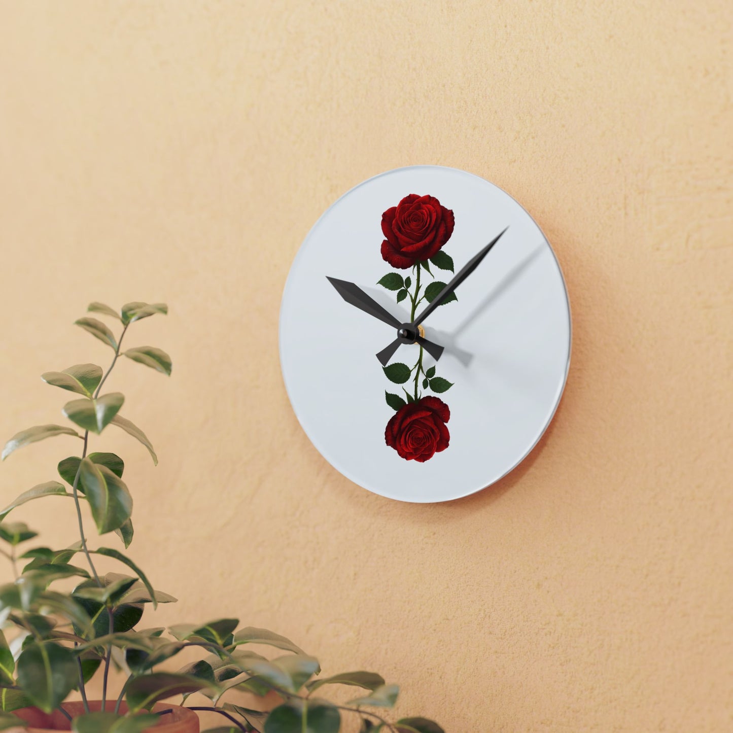 Red Rose Acrylic Wall Clock — Minimal Floral Home Decor Clock