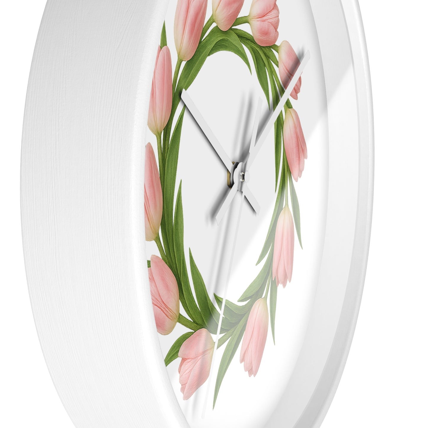Pink Tulip Wreath Wall Clock — Floral Spring Decorative Clock for Home & Kitchen