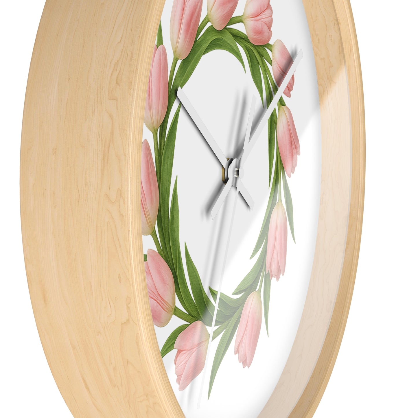 Pink Tulip Wreath Wall Clock — Floral Spring Decorative Clock for Home & Kitchen