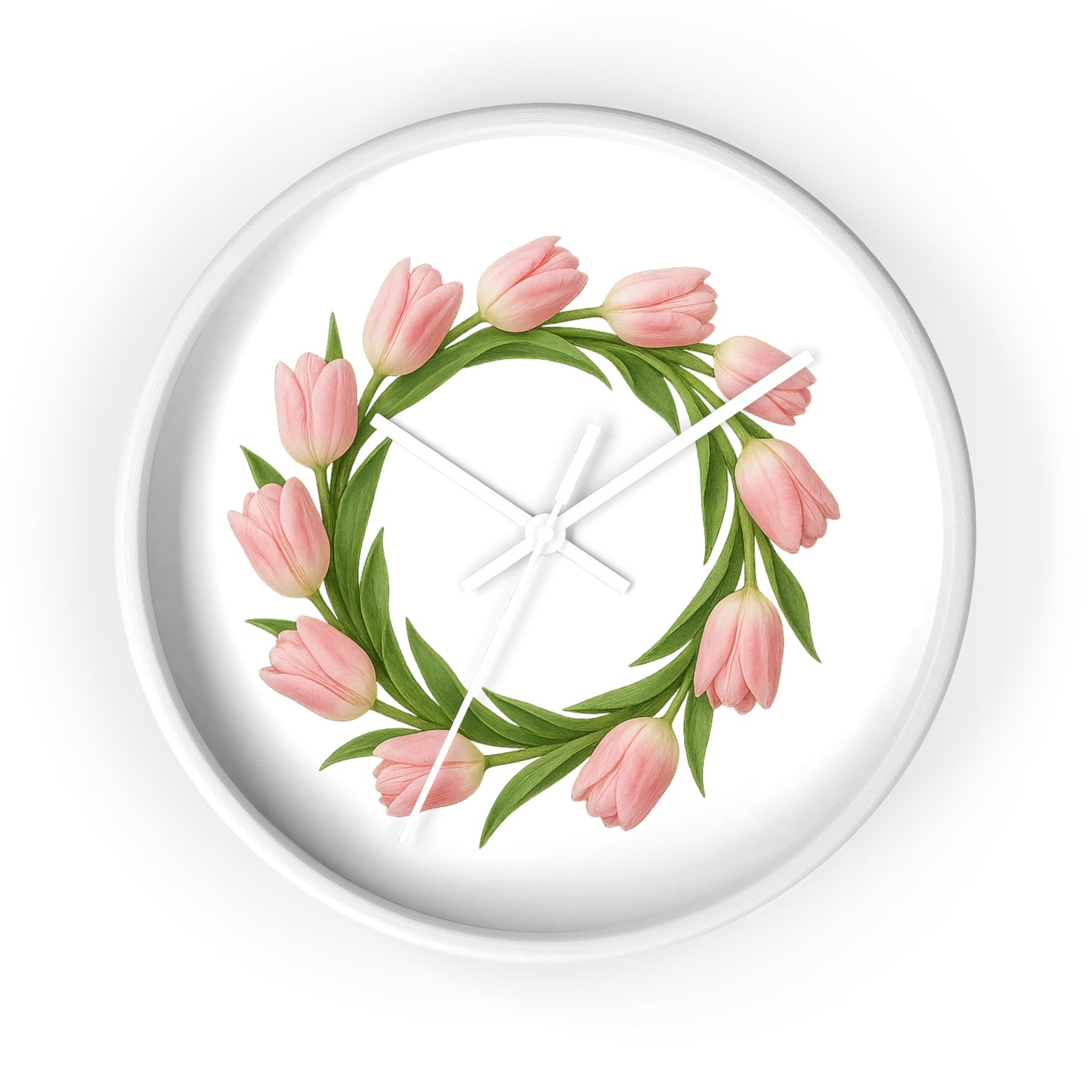 Pink Tulip Wreath Wall Clock — Floral Spring Decorative Clock for Home & Kitchen
