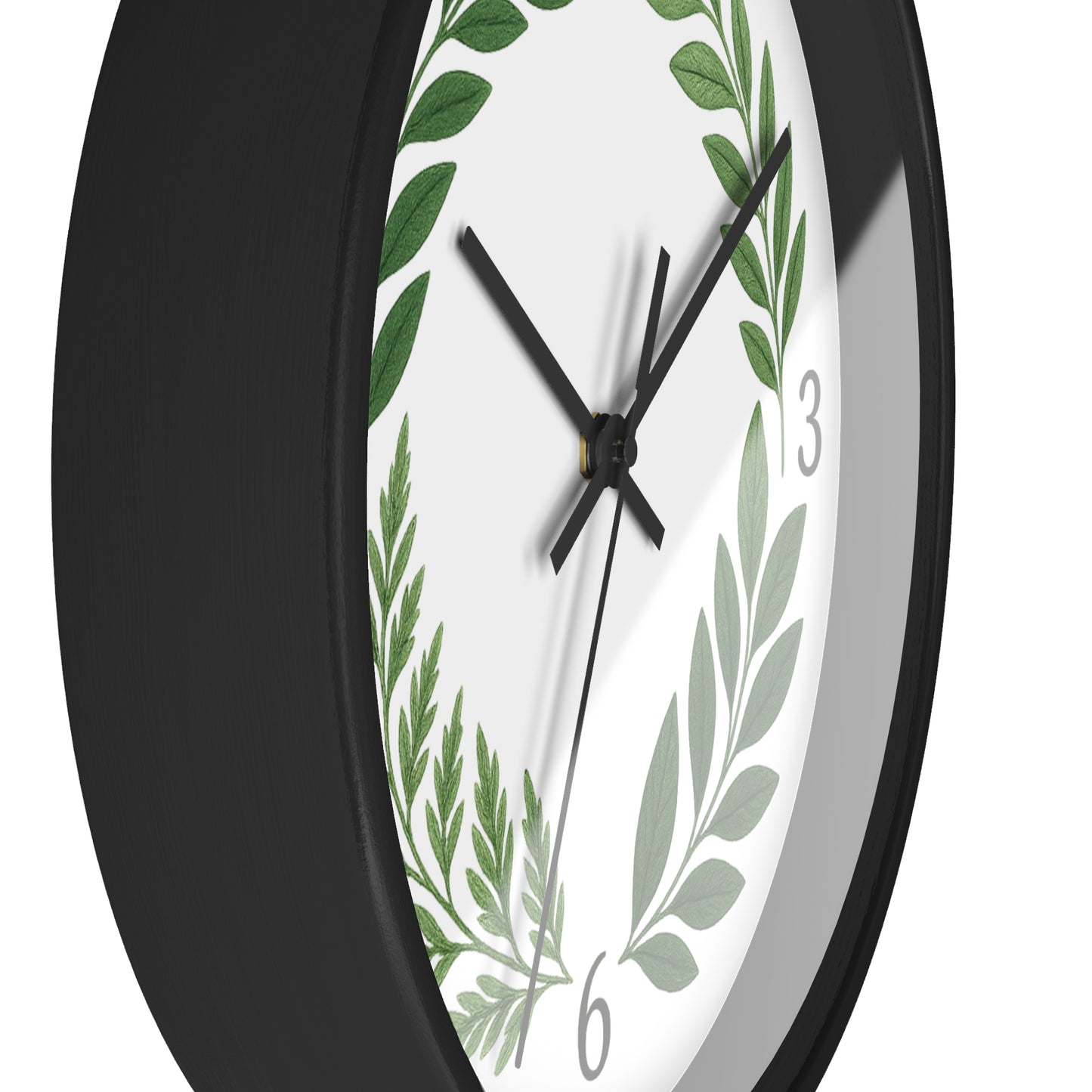 Botanical Laurel Wall Clock — Minimal Green Leaf Wreath Timepiece
