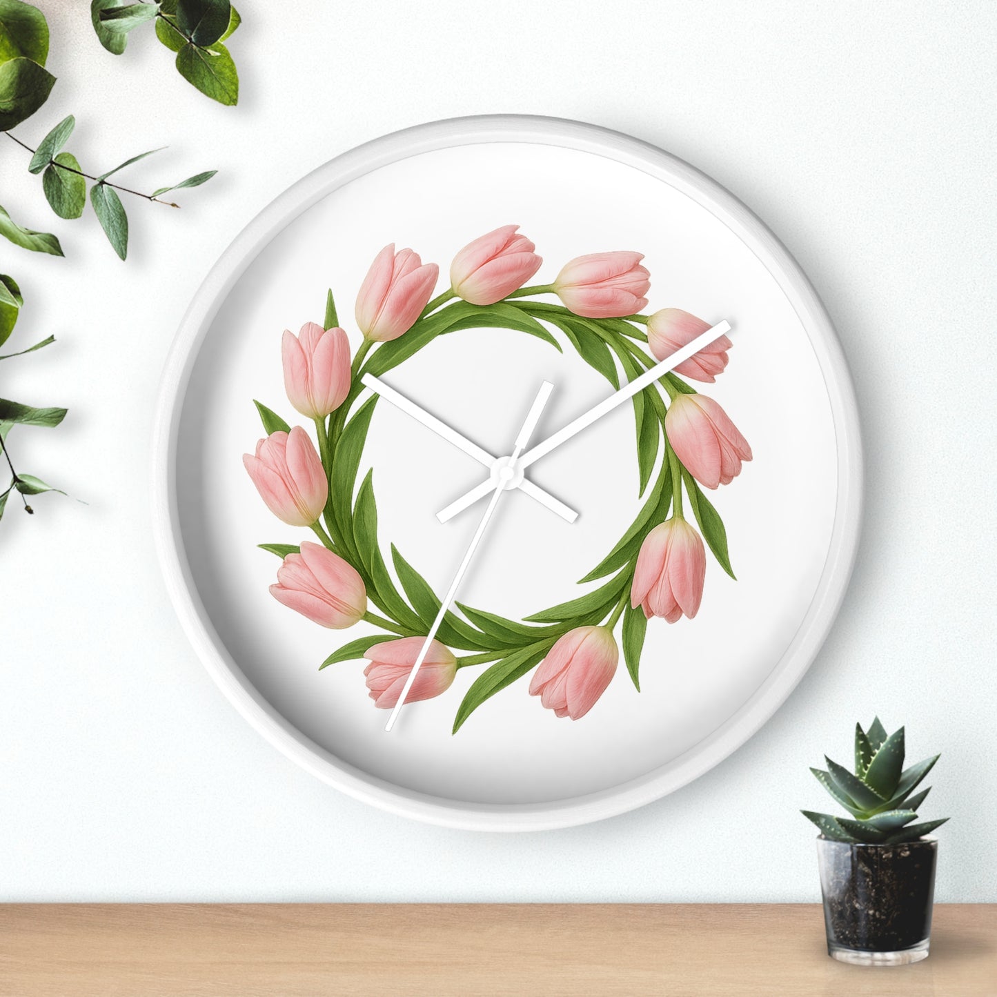Pink Tulip Wreath Wall Clock — Floral Spring Decorative Clock for Home & Kitchen