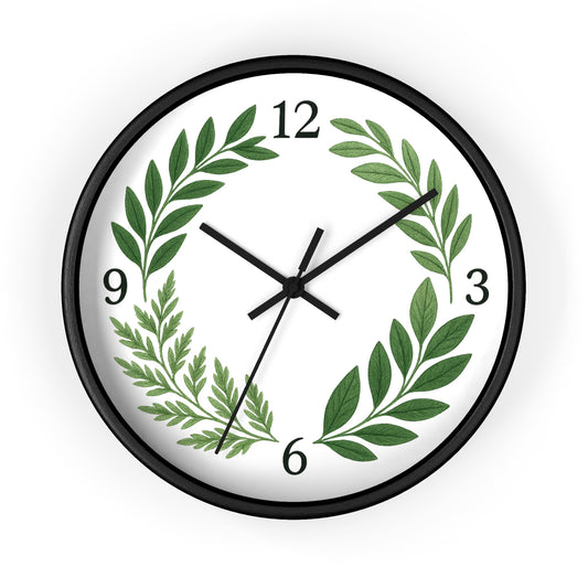 Botanical Laurel Wall Clock — Minimal Green Leaf Wreath Timepiece