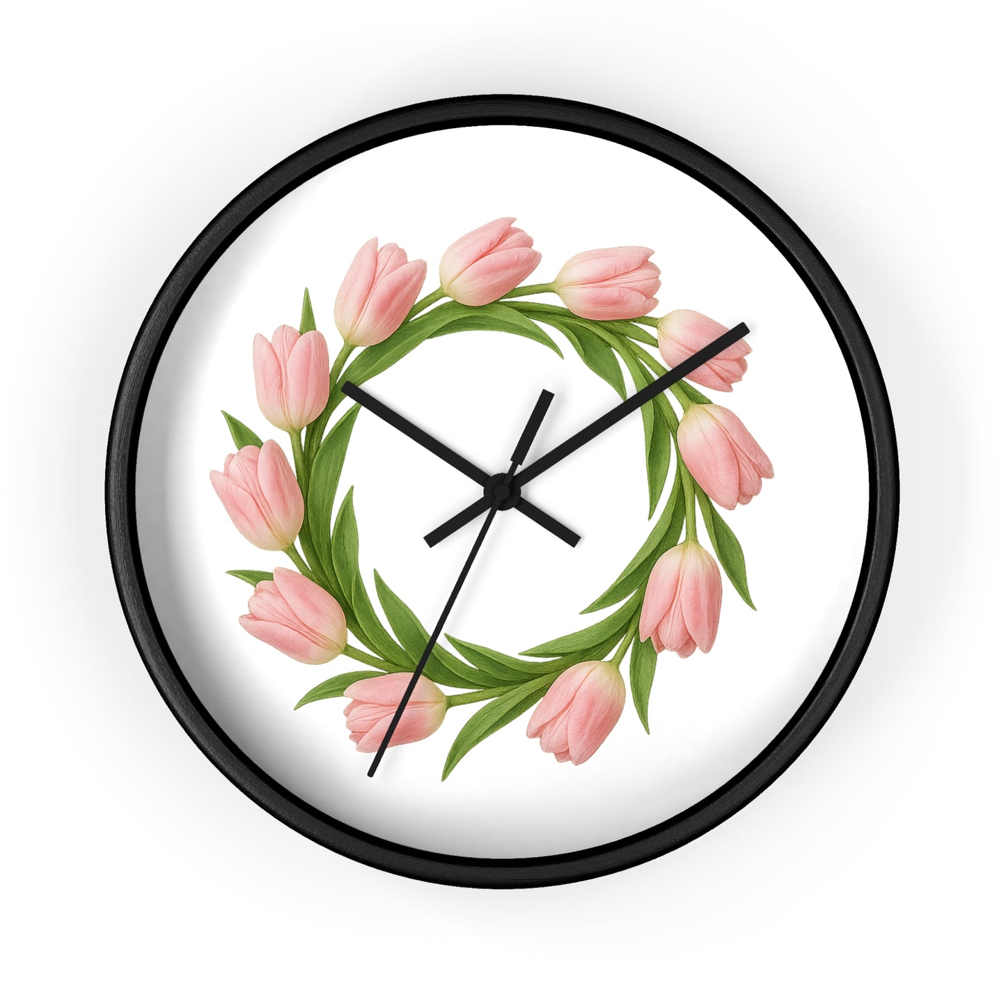 Pink Tulip Wreath Wall Clock — Floral Spring Decorative Clock for Home & Kitchen