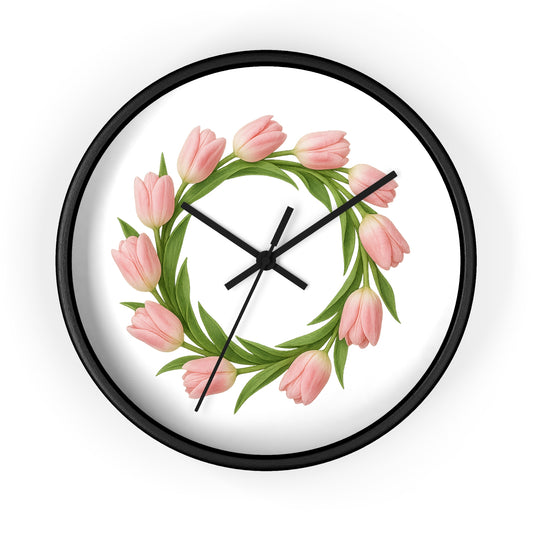 Pink Tulip Wreath Wall Clock — Floral Spring Decorative Clock for Home & Kitchen