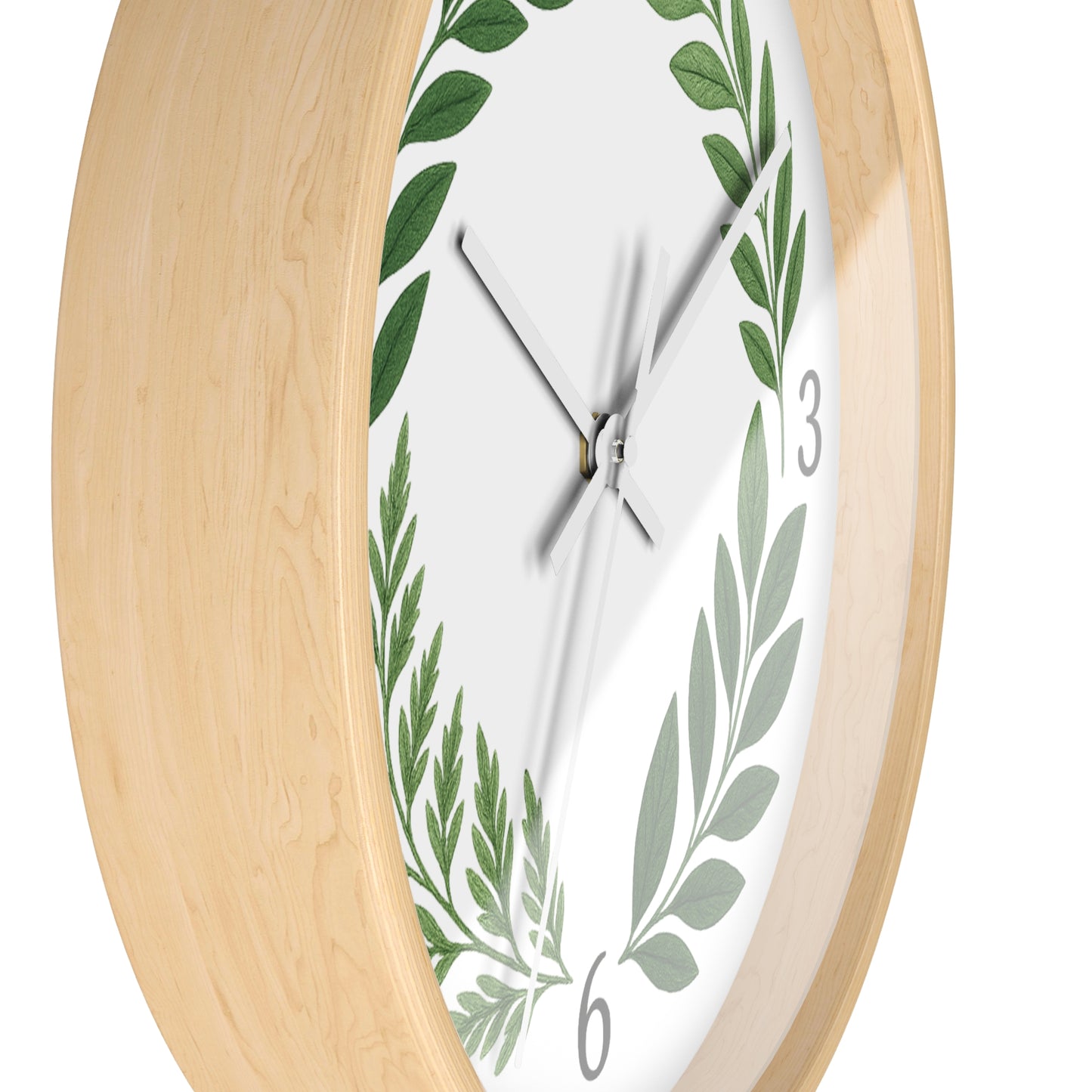 Botanical Laurel Wall Clock — Minimal Green Leaf Wreath Timepiece