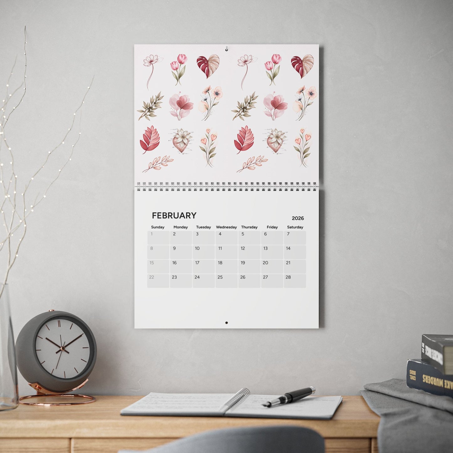 2026 Floral Wall Calendar — Minimal Pink Botanical Monthly Planner