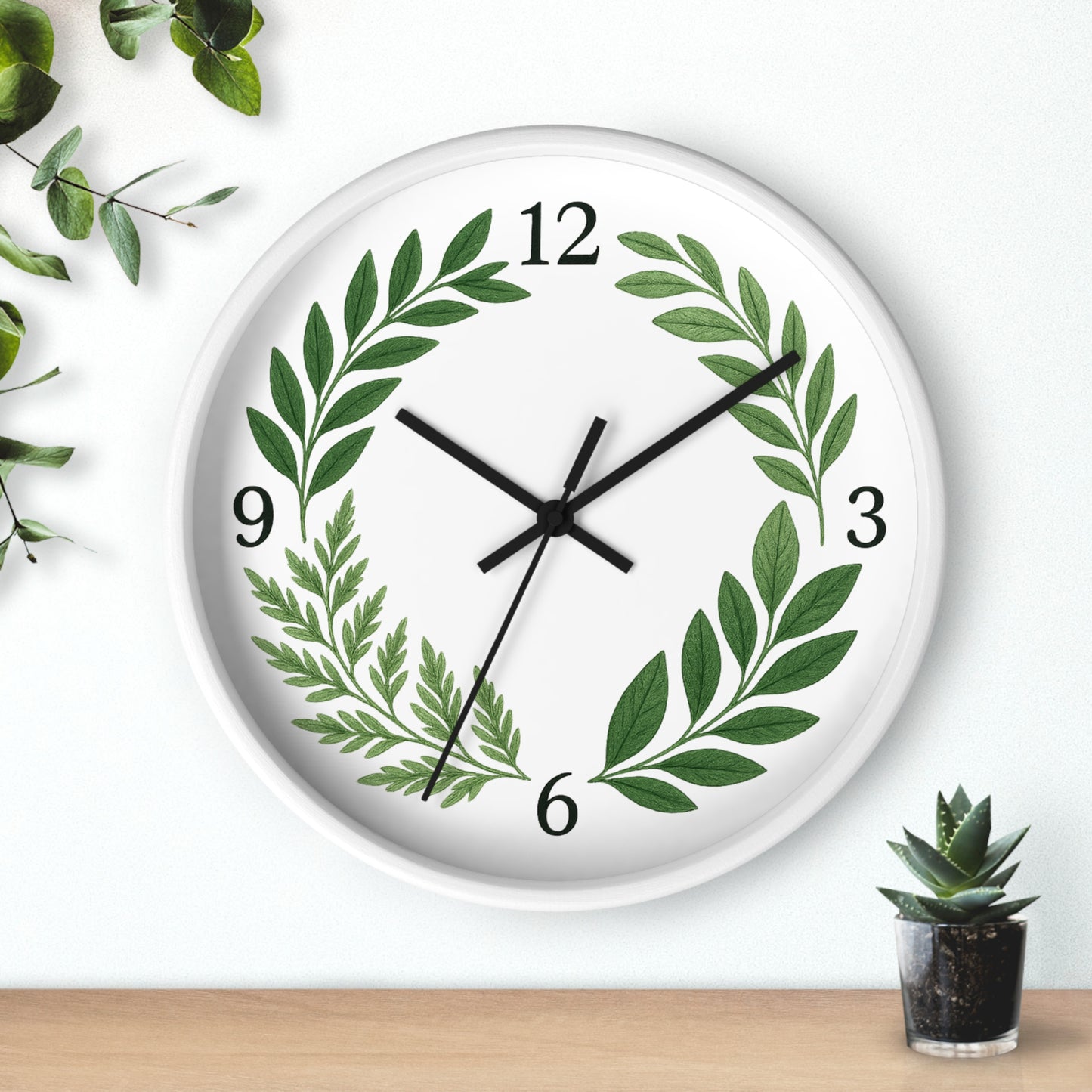 Botanical Laurel Wall Clock — Minimal Green Leaf Wreath Timepiece