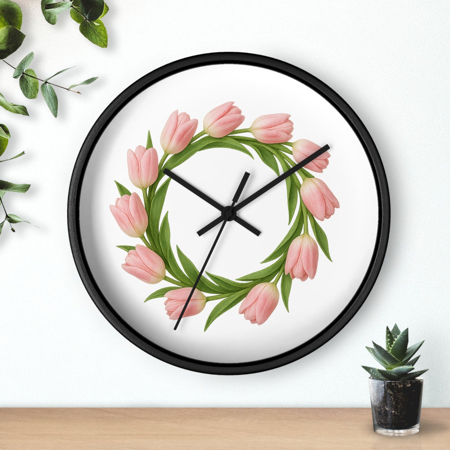 Pink Tulip Wreath Wall Clock — Floral Spring Decorative Clock for Home & Kitchen