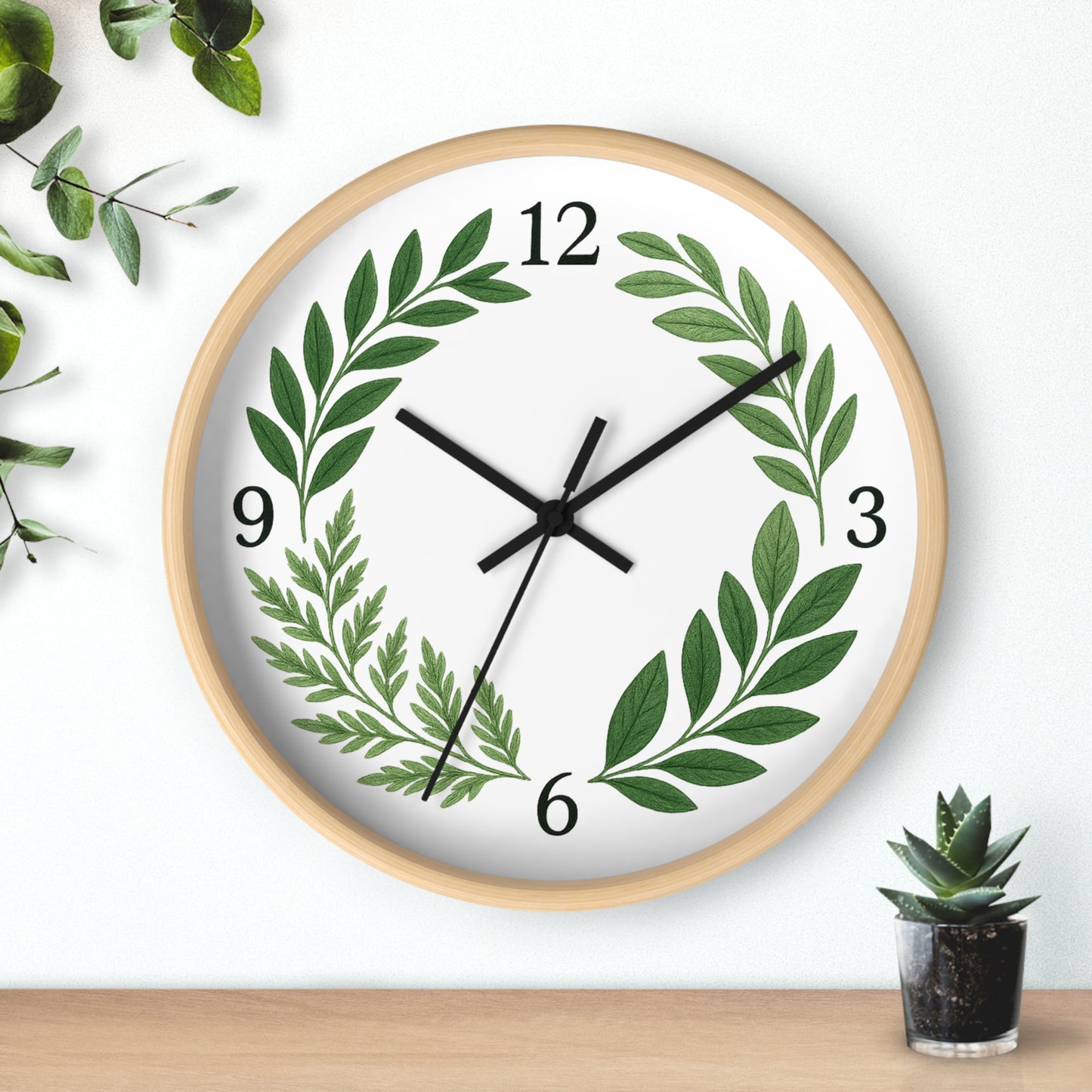 Botanical Laurel Wall Clock — Minimal Green Leaf Wreath Timepiece