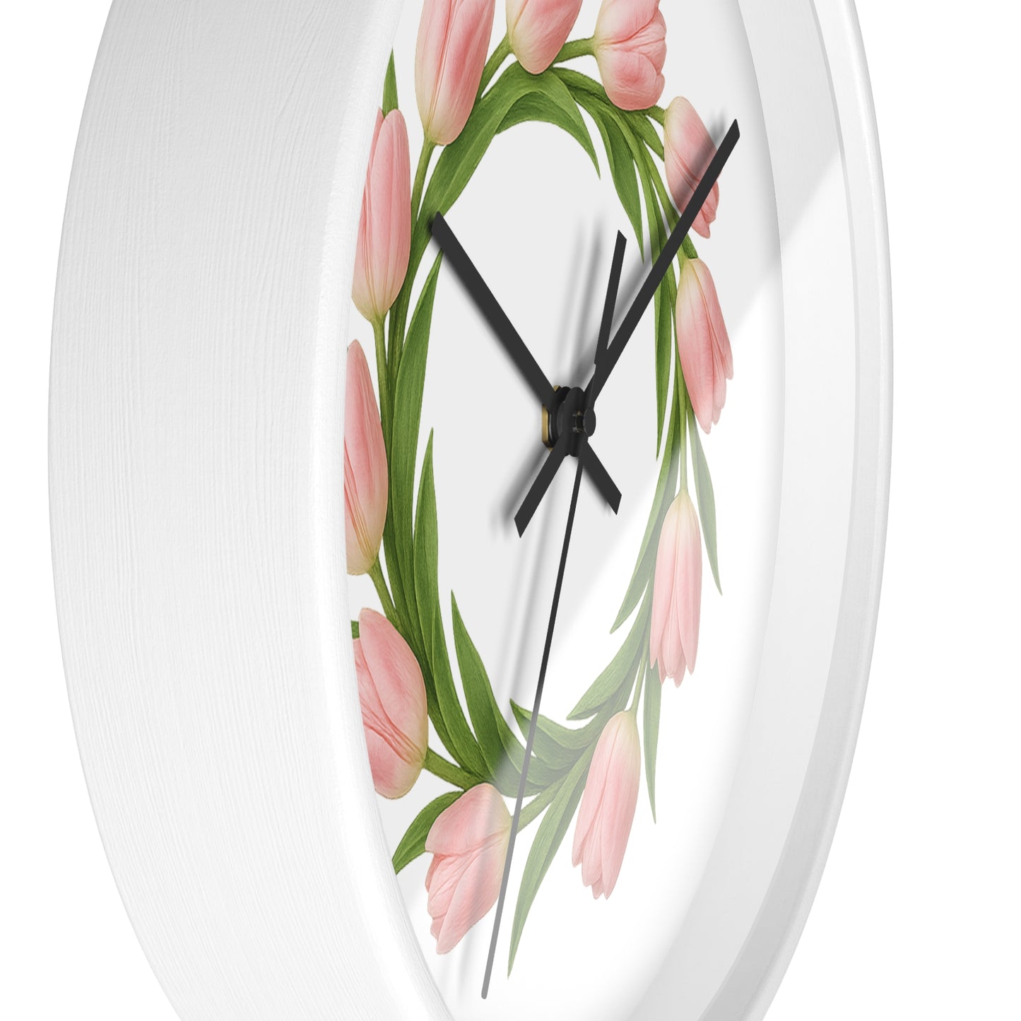 Pink Tulip Wreath Wall Clock — Floral Spring Decorative Clock for Home & Kitchen