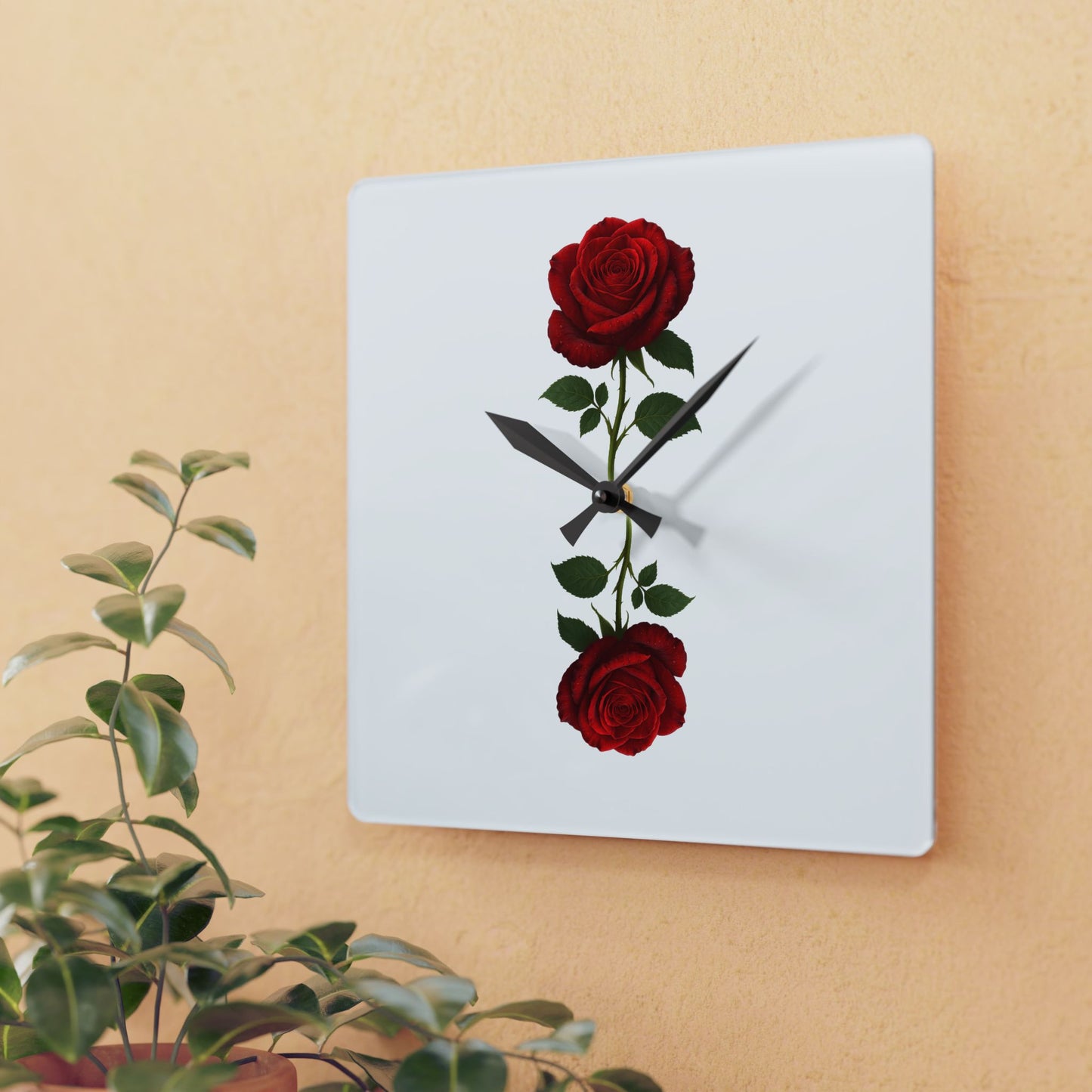Red Rose Acrylic Wall Clock — Minimal Floral Home Decor Clock