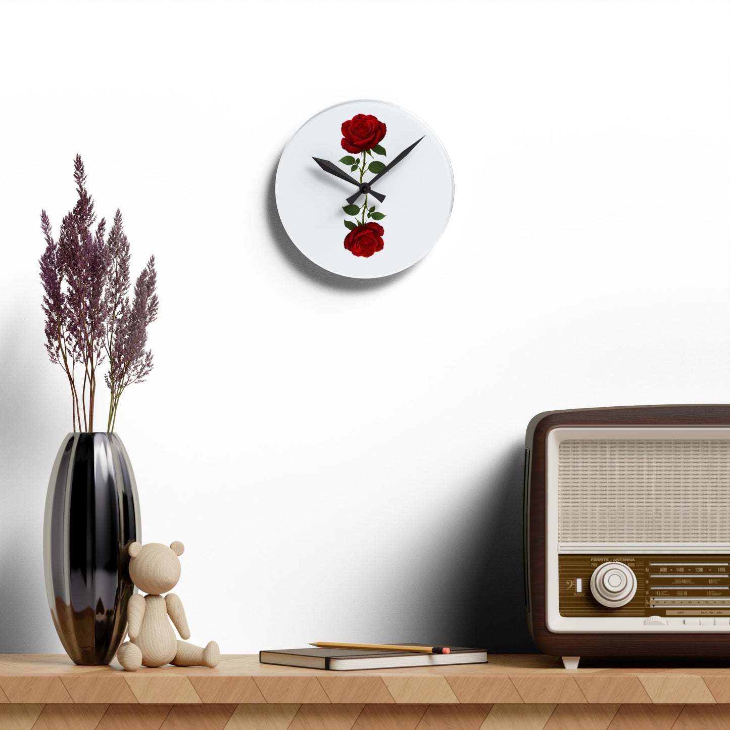 Red Rose Acrylic Wall Clock — Minimal Floral Home Decor Clock