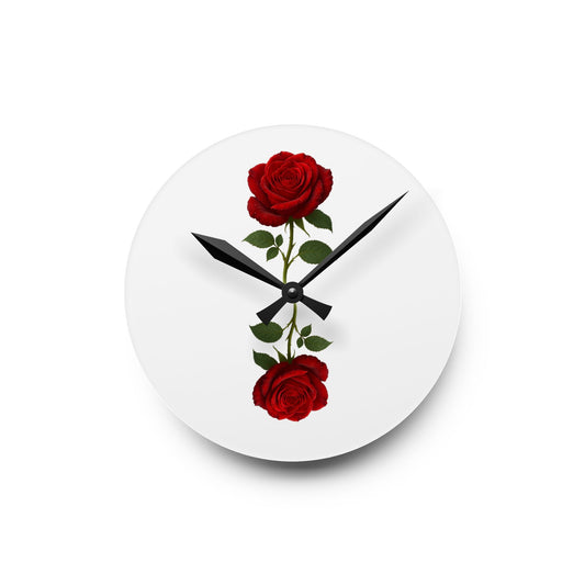 Red Rose Acrylic Wall Clock — Minimal Floral Home Decor Clock