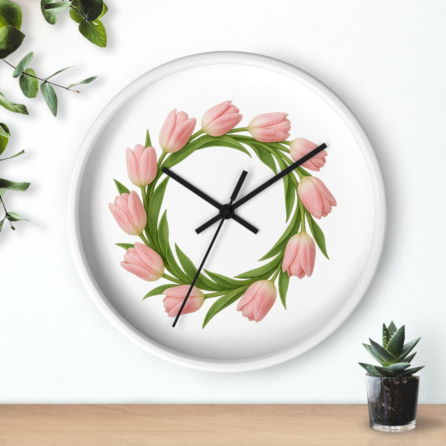 Pink Tulip Wreath Wall Clock — Floral Spring Decorative Clock for Home & Kitchen