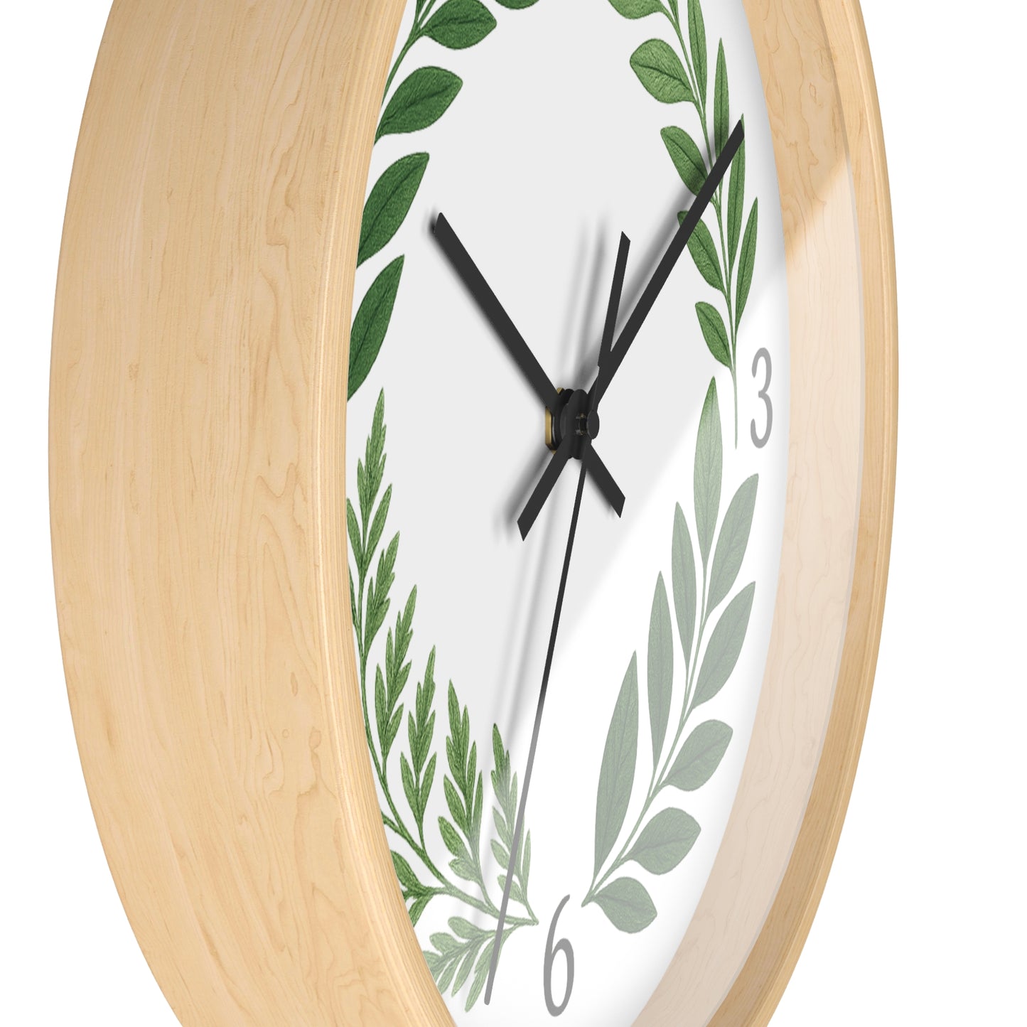 Botanical Laurel Wall Clock — Minimal Green Leaf Wreath Timepiece