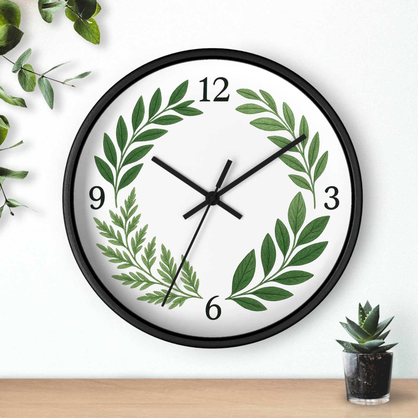 Botanical Laurel Wall Clock — Minimal Green Leaf Wreath Timepiece