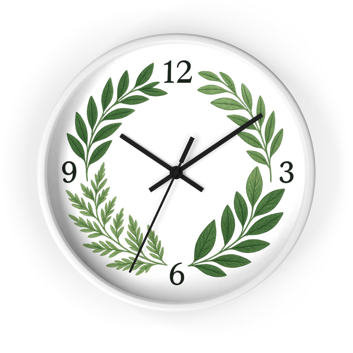 Botanical Laurel Wall Clock — Minimal Green Leaf Wreath Timepiece