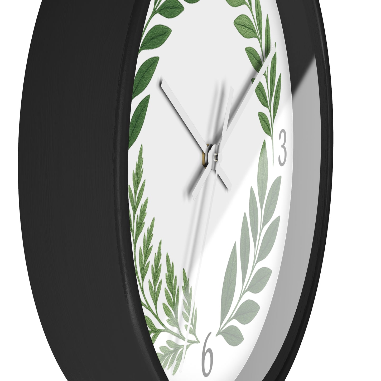 Botanical Laurel Wall Clock — Minimal Green Leaf Wreath Timepiece